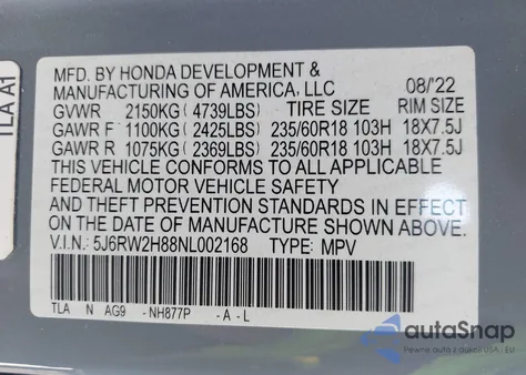 2022 Honda Cr-V Awd Ex-L from USA, damaged, VIN 5J6RW2H88NL002168
